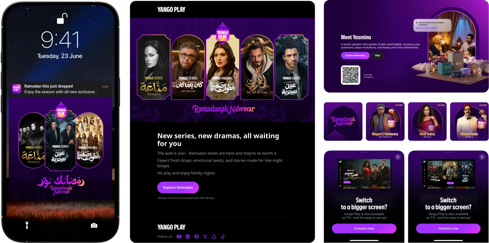 CRM placements collage — lock-screen Ramadan push, full-screen Ramadanak Nawwar series reveal, Meet Yasmina onboarding card, three exclusive star cards (Maged El Kedwany, Hind Sabry, Ahmed Amin), and two 'Switch to a bigger screen' TV-handoff bottom sheets.