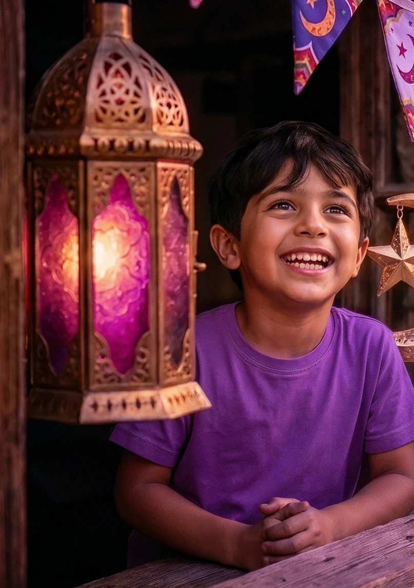 A glowing magenta-and-amber stained-glass fanous next to a smiling Egyptian boy in a purple shirt, Ramadan bunting overhead.