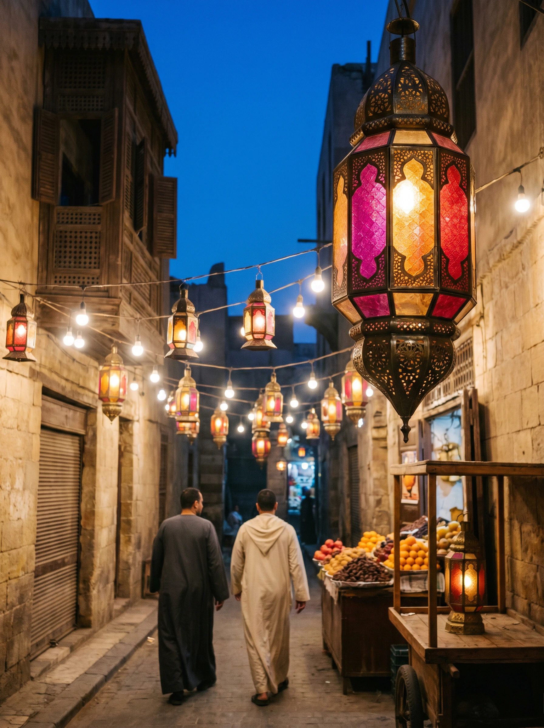 A narrow Cairo back-alley at dusk under three rows of brass-and-stained-glass fanous lanterns, two figures in galabeya and cream thobe walking deeper into the lit alley, a fruit stall on the right.
