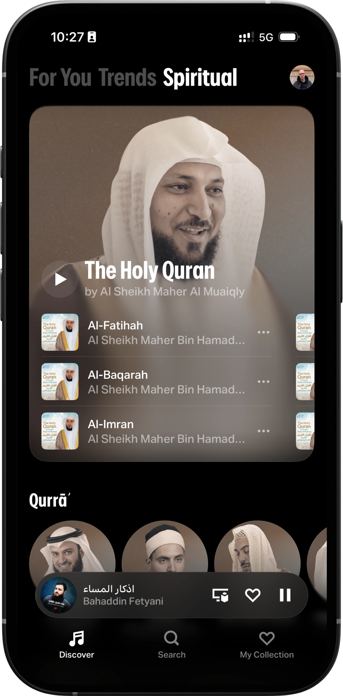 Yango Music Spiritual tab — 'The Holy Quran by Al Sheikh Maher Al Muaiqly' hero, Al-Fatihah / Al-Baqarah / Al-Imran rows, Qurra' reciter strip.