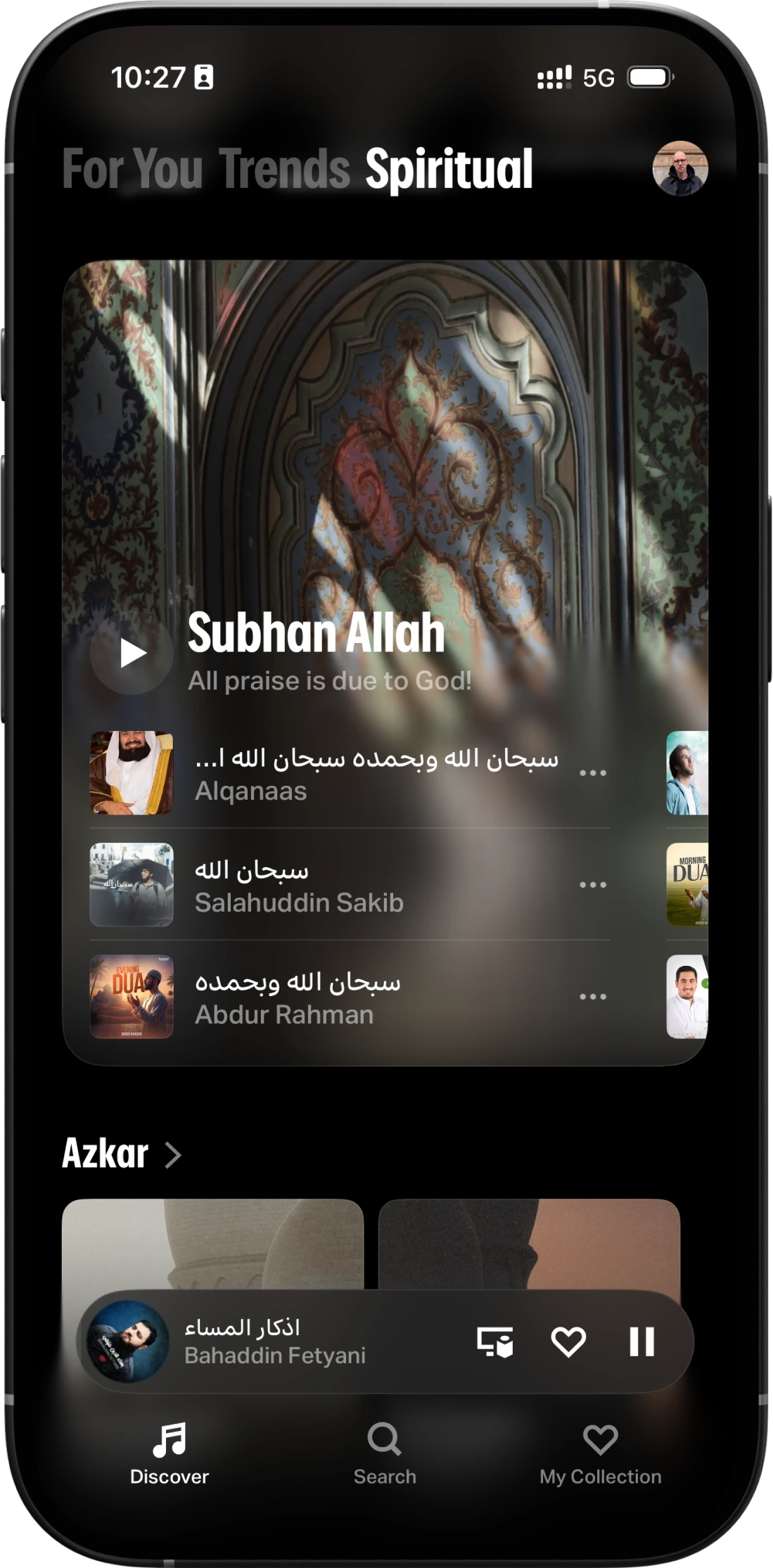 Yango Music Spiritual tab — 'Subhan Allah · All praise is due to God' hero, dhikr tracks in Arabic, Azkar shelf below.