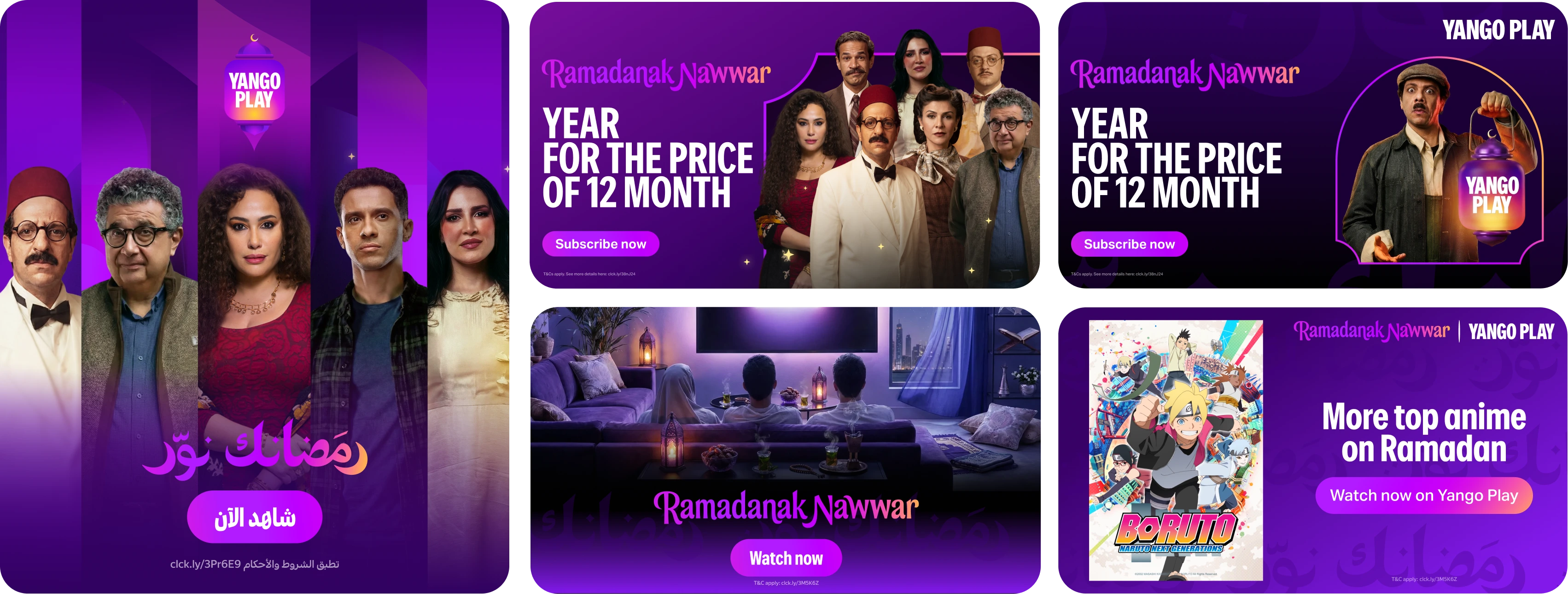 Performance creatives wall — sample ad units across surfaces: cast hero with the Ramadanak Nawwar tagline, 'Year for the price of 12 month' subscribe banner, family-watching hero, anime promo with Boruto, and YANGO PLAY end-frames.
