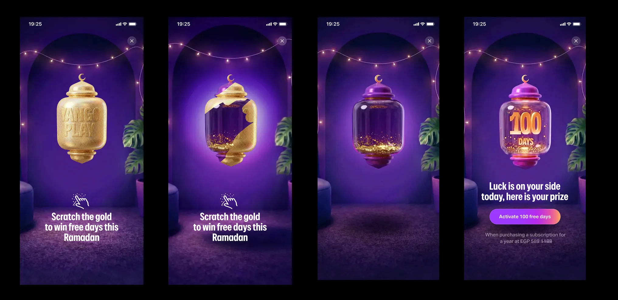 v3 — Scratch the gold: same lantern with gold-leaf surface, no Yango logo, screen sequence with the scratch reveal.